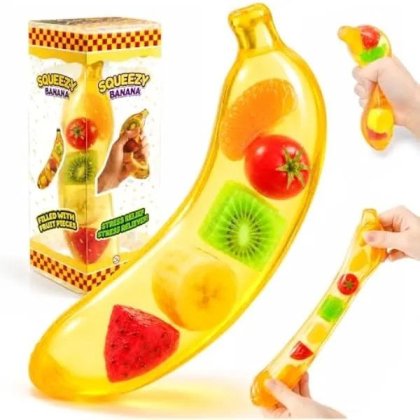 Jucarie antistres banana squishy K0569-260804-027-AMC, transparenta cu bucati de fructe in interior, moale, 18 cm, galben