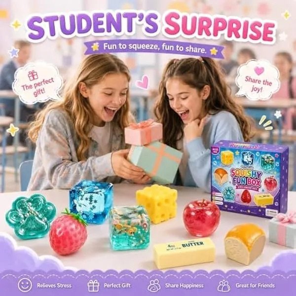 Set 8 jucarii squishy anti-stres K0569-260804-2540-AMC, slow rising, moi, forme mixte (capsuna, unt, galusca, mar, cub glitter, chifla), multicolor