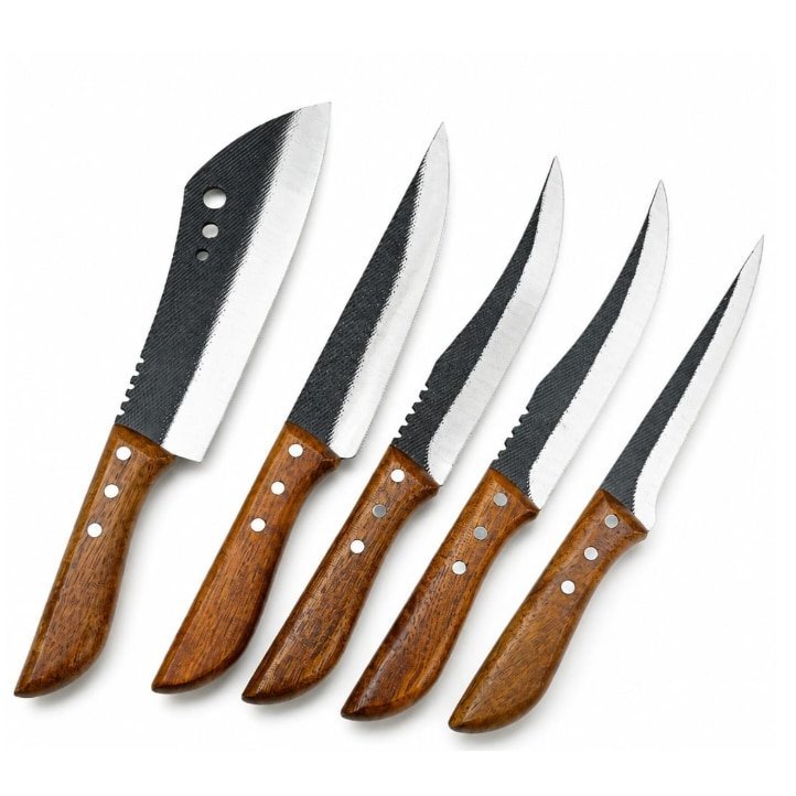 Set 5 Cutit Japonez Profesional, Lama Forjata din Otel Carbon, Maner Ergonomic din Lemn
