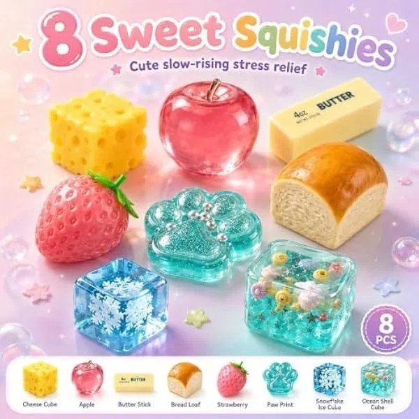 Set de 8 squishies antistres din TPR cu revenire lenta, modele capsuna/mar/unt/paine/branza/laba/cuburi, multicolor