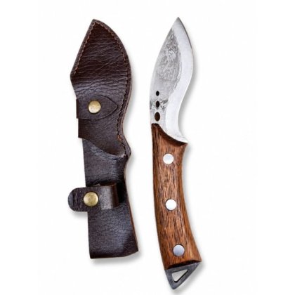 Cutit de jupuit Profesional, Lama Forjata din Otel Carbon, Maner Ergonomic din Lemn si teaca din imitatie piele maro
