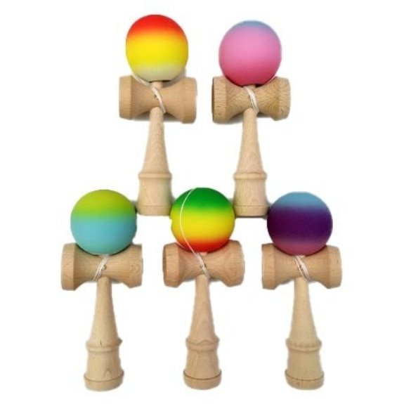 Kendama din lemn siliconat VICTINY® 18 cm, model design curcubeu, suprafata antialunecare, culoare surpriza, multicolor