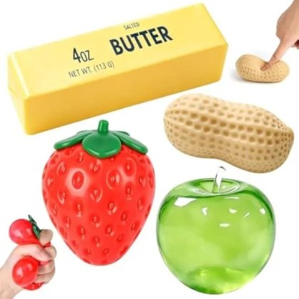 Set jucarii squishy antistres K0569-260805-1543-AMC, TPR cu revenire lenta, modele unt/arahide/capsuna/mar, multicolor, 4 bucati