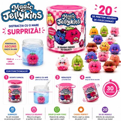 Jucărie interactivă, VICTINY, set Jelly-kins, 8.5x8.5x10cm, plus moale, surpriză în borcan