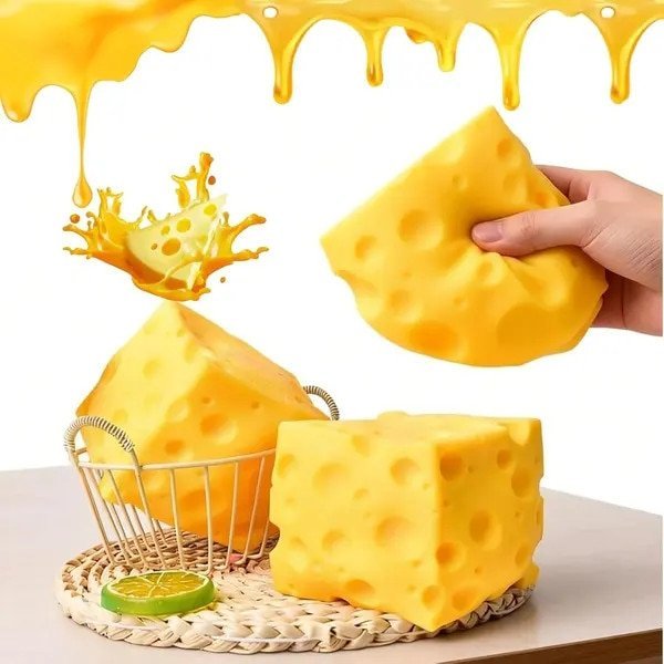 Jucarie squishy in forma de branza din PU, slow rising antistres, galben, 7 cm