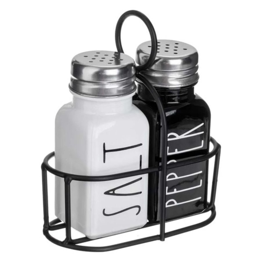 VICTINY® Set de solnite si pipernite din sticla alb-negru cu baza metalica 85 ml