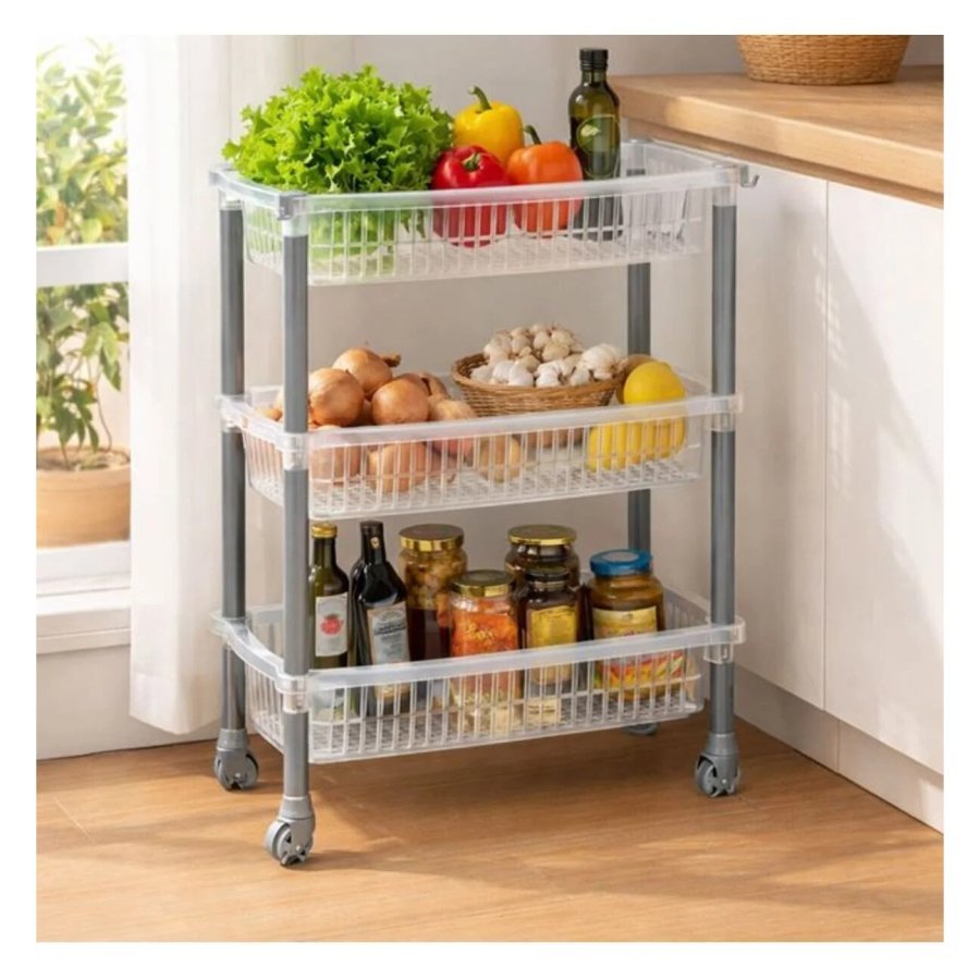 VICTINY® Raft de bucatarie cu 3 niveluri, din plastic alb transparent 50 x 20 x 60.5 cm