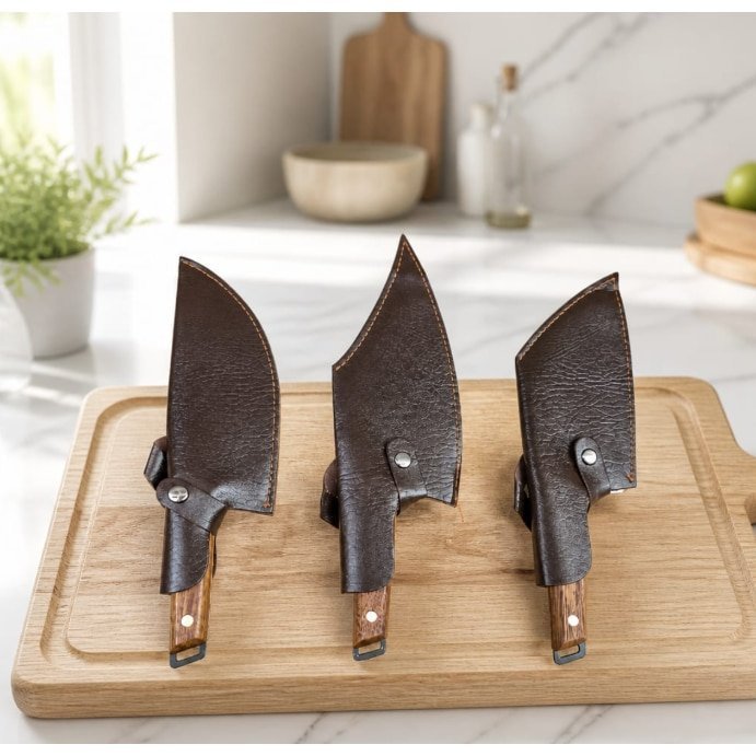 Set 3 Cutit Satar Japonez Profesional, Lama Forjata din Otel Carbon, Maner Ergonomic din Lemn si teaca din imitatie piele