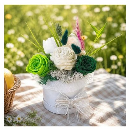 VICTINY® Aranjament floral din flori de ceara naturala 100%, trandafir criogenat si flori naturale uscate
