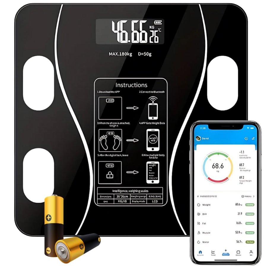 Cantar Electronic Corporal Smart Premium Gardeon®, Cu Aplicatie Smart, Baterii Incluse, Ecran Iluminat, Greutate Maxima Suportata 180 Kg, Afisare Kg, Temperatura, Nivel Baterie, Dimensiuni: 26 x 26 cm, Negru