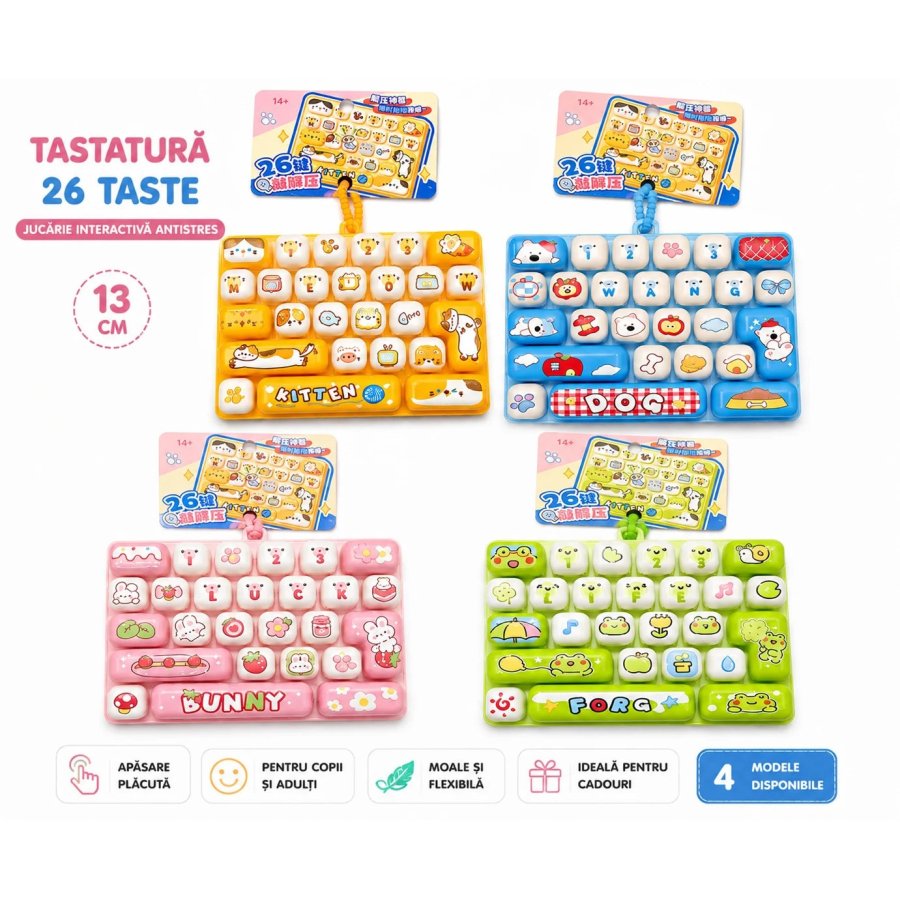 Jucarie Antistres Tastatura cu 26 Taste, 13 cm, Taste Moi pentru Apasare, Modele Asortate
