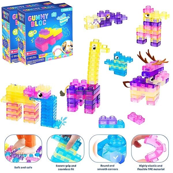 Cuburi moi, pentru constuit, moi si elastice, din cauciuc elastic, placut la atingere si usor de strans, 4 culori vii care atrag privirile curioase ale celor mici, margini netede, sigur pentru copiii mici, se curata usor. set 40 bucati - JELLYFUN JOJOY®