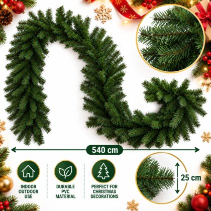 Ghirlanda Brad Artificial Verde 5.4 m x 25 cm, PVC, Aspect Natural, Decoratiune Craciun pentru Interior si Exterior