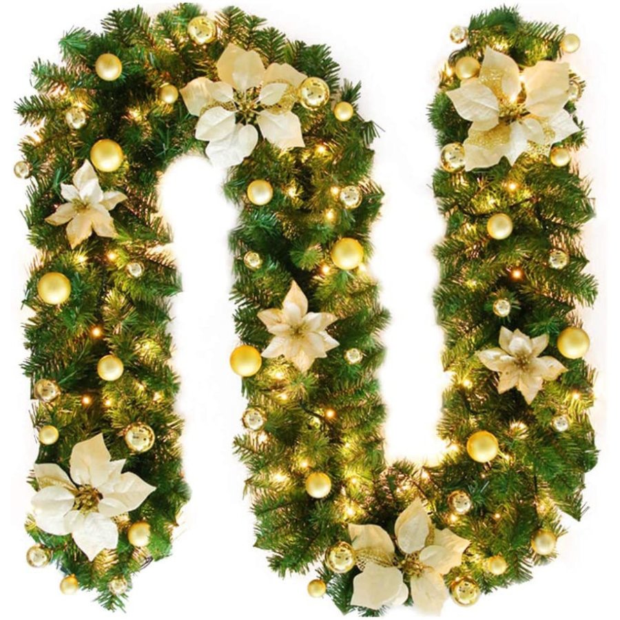 Ghirlanda de Craciun ZFLR-20261012-816, artificiala din PVC cu lumini LED si decoratiuni (flori si globuri aurii), verde/auriu, 2,7 m
