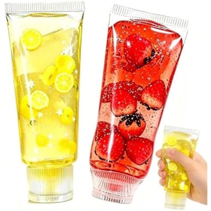 Jucarie antistres tip tub pasta de dinti squishy, slow-rising TPR cu felii decorative (capsuni, lamaie) si glitter, set 2 bucati, galben/rosu