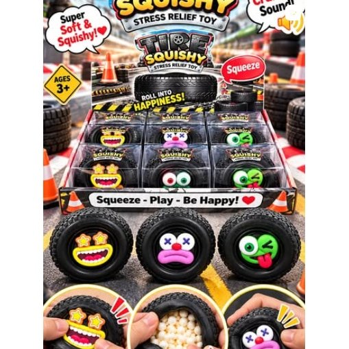Jucarie squishy antistres crunchy model tire / cauciuc, culoare negru 6 x 3 x 6 cm