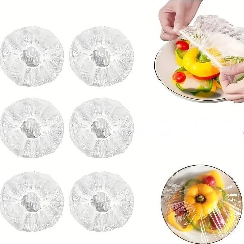 Set 100 folii de protectie elastica pentru alimente sau boluri, material plastic, refolosibile, diametrul 12 - 40 cm, transparent