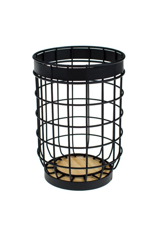 Suport rotund metalic negru pentru tacâmuri cu bază din lemn Ø12 x 17 cm