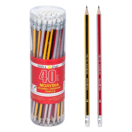 Set Creioane HB de Culoare Rosie Argintie & Galbene Negre cu Radiera - 40buc