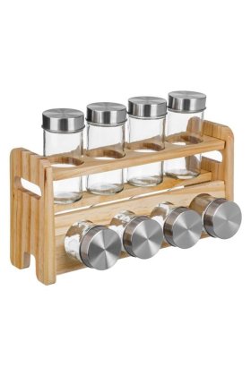 Suport din lemn pentru condimente cu 8 borcane de sticlă de 85 ml - 26 x 8 x 18 cm
