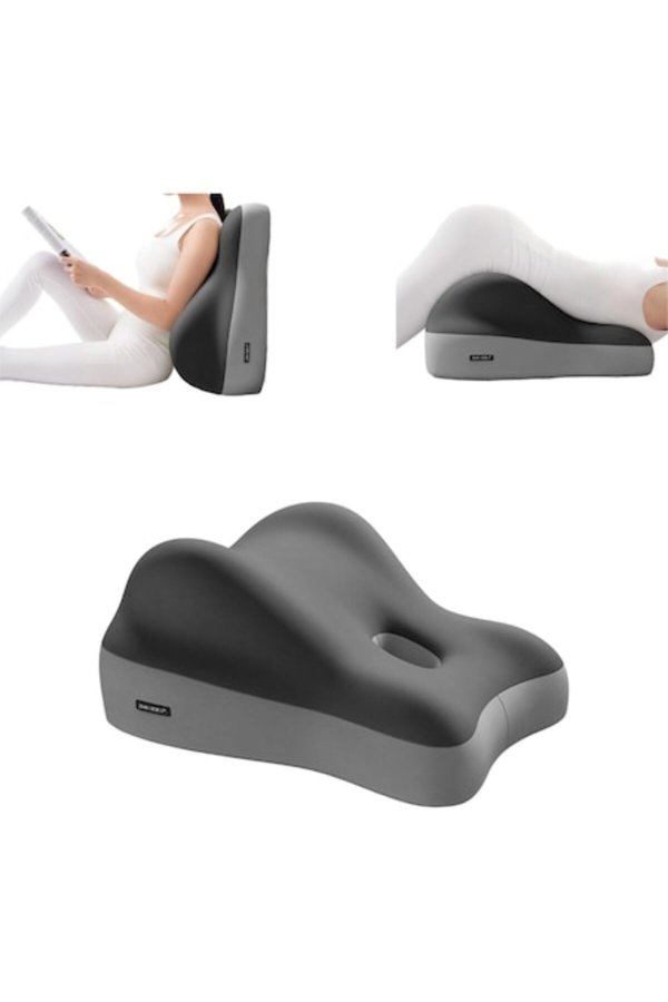 Pernă ortopedică pentru șezut și culcat, spumă cu memorie de înaltă densitate, design ergonomic conturat pentru suport lombar și ameliorarea durerii, negru/gri