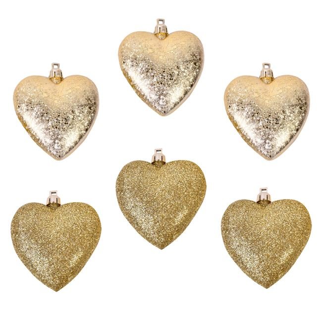 Set Ornamente de Craciun Inimi Aurii Mat Glitter 7cm - 6buc