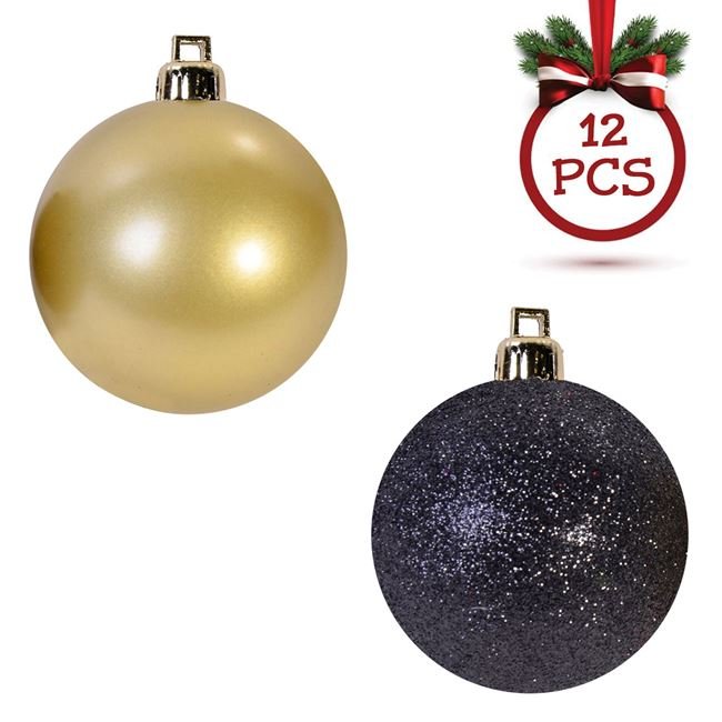 Set Globuri de Craciun Aurii Mat Negre Glitter Ø5cm - 12buc