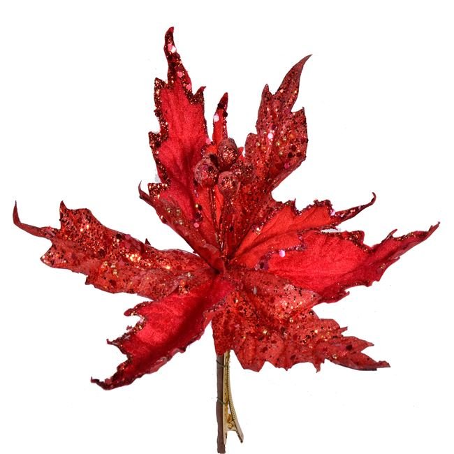 Floare Decorativa de Craciun Catifelata Rosie cu Glitter & Clips 25cm