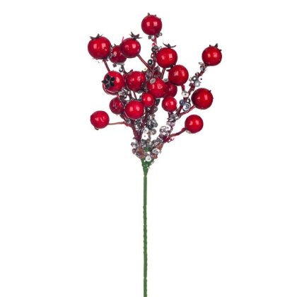 Crenguta Decorativa de Craciun cu Merisoare Rosii & Paiete Argintii 21cm