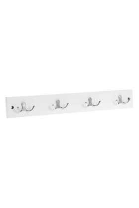 Suport de perete din lemn alb cu 4 cârlige duble 50 x 1.2 x 7 cm