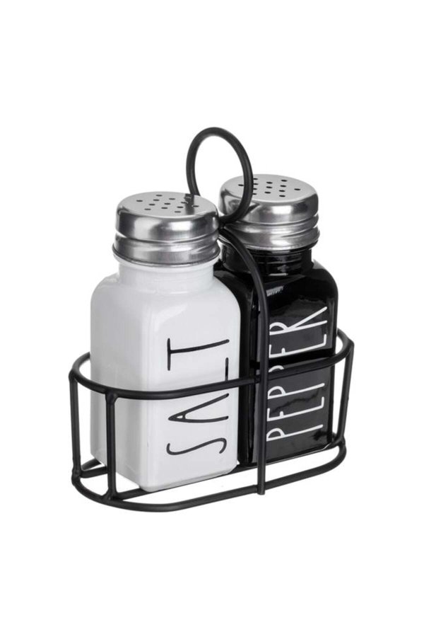 Set de solnițe și pipernițe din sticlă alb-negru cu bază metalică 85 ml