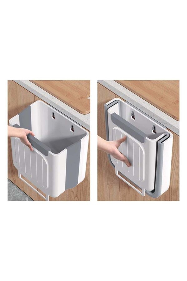 Coș de gunoi pliabil din plastic, suspendabil, gri ecru, 6 L