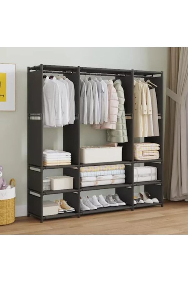 Organizator de haine tip garderobă cu rafturi și bară pentru umerașe, structură metalică, material textil impermeabil și rezistent la praf, asamblare rapidă, dimensiuni 130x36x170cm, SP-454-1