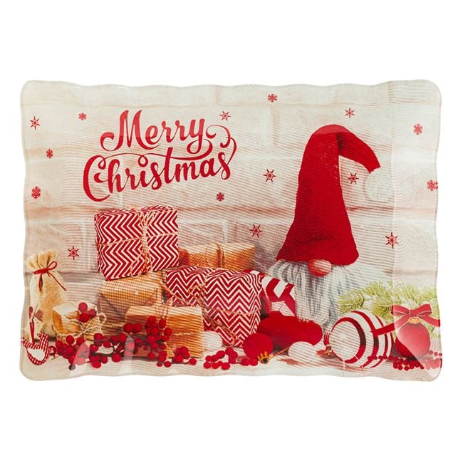 Platou de Craciun din Sticla Gnome Cadouri "Merry Christmas" 36x26cm