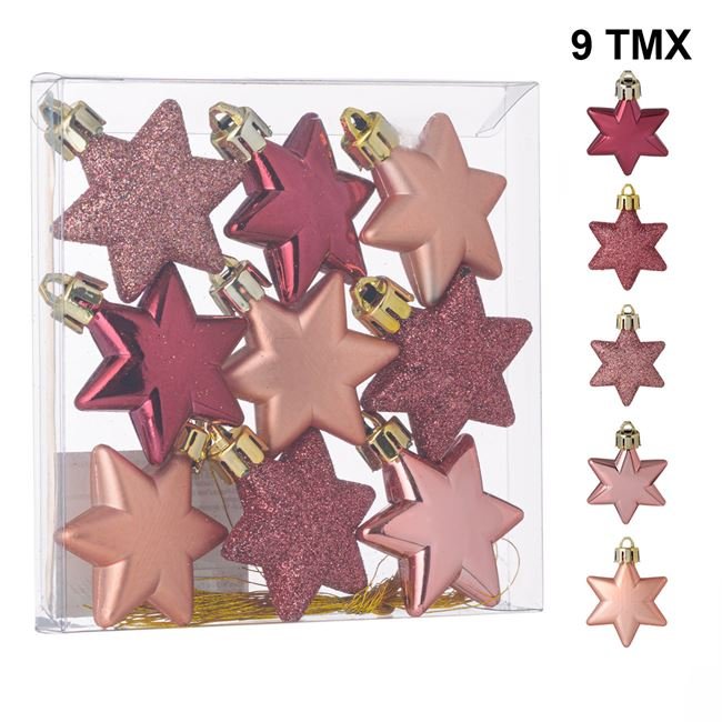 Set Ornamente de Craciun Stele Rose Gold Mat Stralucitoare Glitter 5cm - 9buc