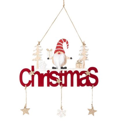Decoratiune de Craciun Suspendabila din Lemn "Merry Christmas" Gnome Catifea Bordo 30cm