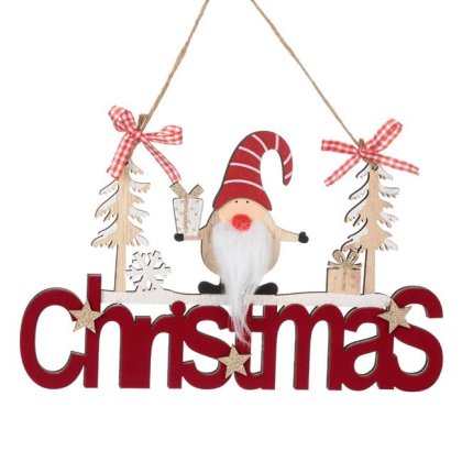 Decoratiune de Craciun Suspendabila din Lemn "Christmas" Catifea Bordo Gnome Brazi 22cm
