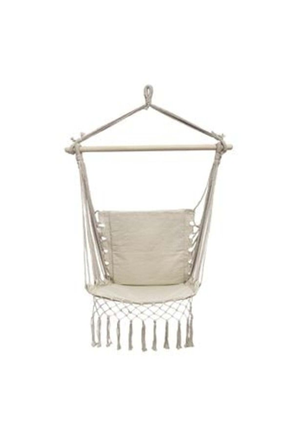 Scaun suspendat bej cu spătar și macrame 100 x 50 x 110 cm