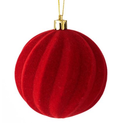 Ornament Brad de Craciun Glob Catifelat Rosu Model Linii Ondulate Ø8cm