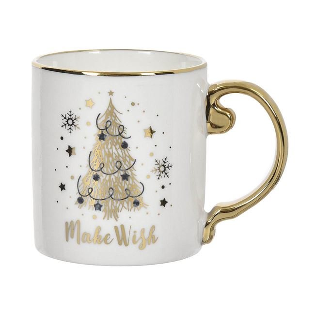 Cana de Craciun New Bone Alba cu Maner Auriu & Margine Brad Fulgi "Make a Wish" 355ml