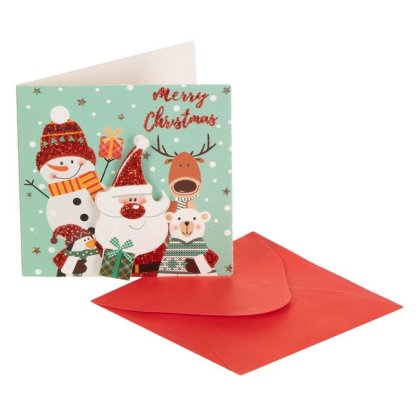 Felicitare de Craciun 3D Mos Craciun Cadouri Glitter Rosu "Merry Christmas" 7x7cm & Plic Rosu