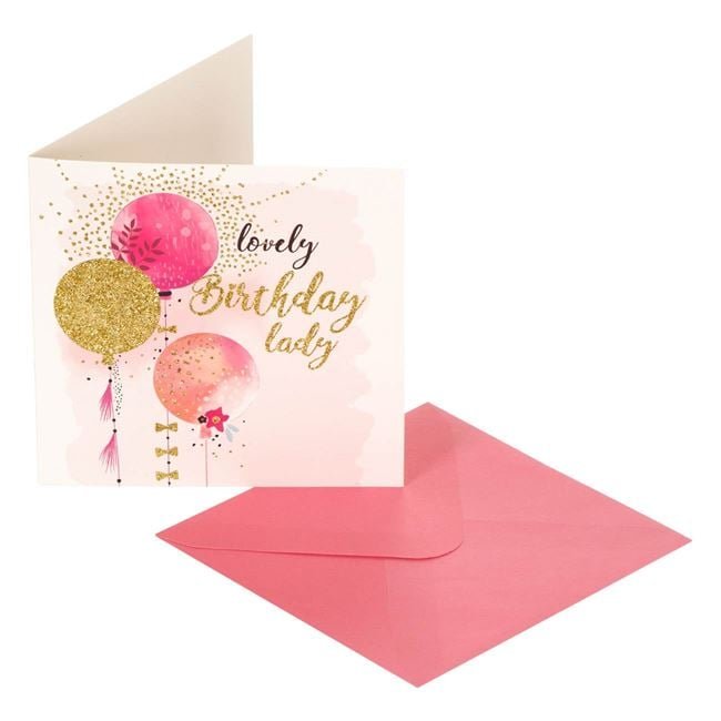 Felicitare Zi de Nastere Baloane Glitter Aurii "Lovely Birthday" 15x15cm & Plic