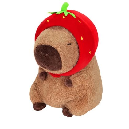 Jucarie plus Capibara, AjieQaQ, cu palarie de capsuna, Papusa plus animale moale, Jucarie plus cu tematica de capsuna, Cadou de Paste, 9 "8" (aproximativ 24, 9 cm), maro