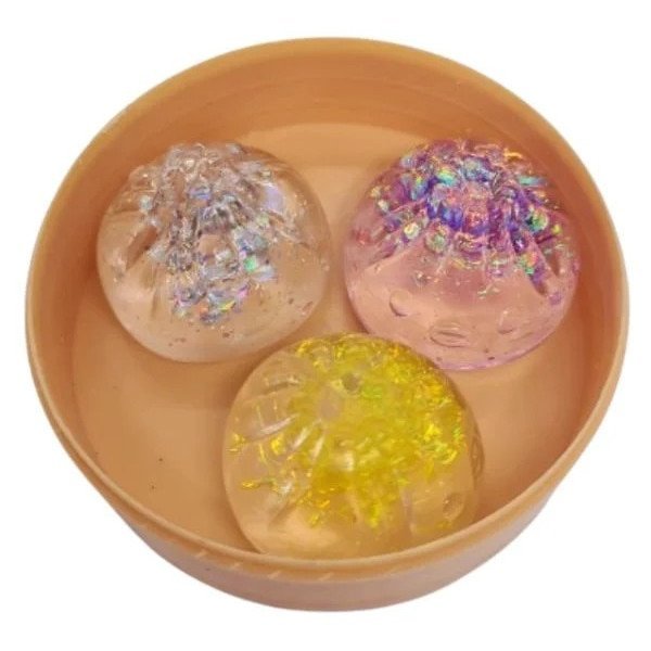 Set 3 mini dumpling squishy 4 cm cu sclipici, jucarie antistres, soft, culori diverse