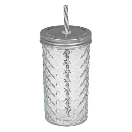 Pahar din Sticla Transparenta cu Model Reliefat Capac Metalic & Pai 600ml
