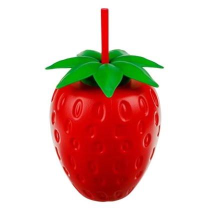 Pahar in Forma de Capsuna 3D din Plastic cu Pai 900ml