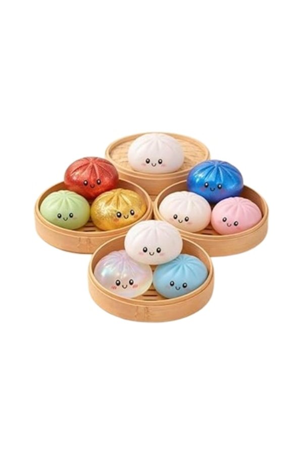 Jucărie squishy antistres, set de 3 găluște zâmbitoare (Baozi sau Nikuman) în cutie, multicolor, 1 bucată aleatorie, 5 cm