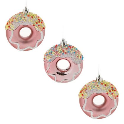 Ornament Brad de Craciun Donuts Roz Alb cu Glitter 8cm - 3buc