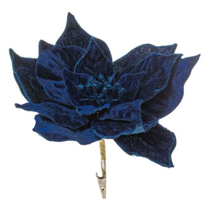 Floare Decorativa de Craciun Albastra Catifelata cu Glitter & Clips 24cm
