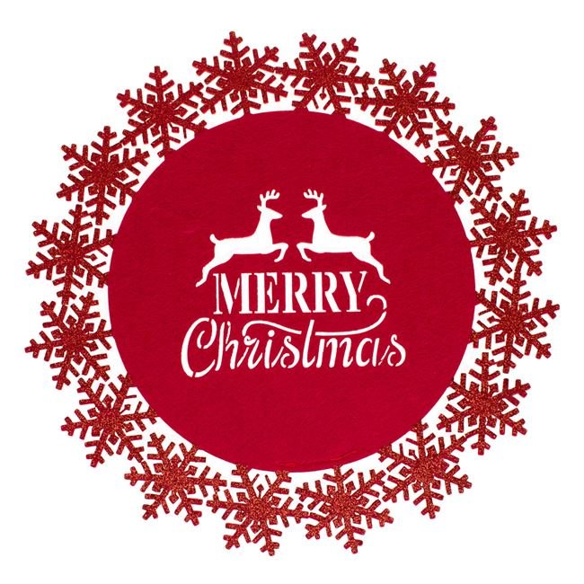 Suport Farfurie Rosu din Pasla "Merry Christmas" Fulgi Cerbi Glitter 35cm